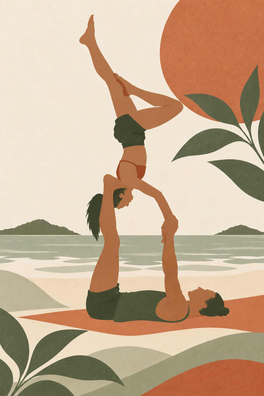 Prática de acroyoga em dupla, ilustração na identidade Alma de gato